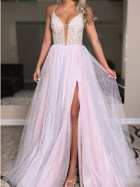 Spaghetti Straps Beads 2021 Prom Dresses, Side Slit A-line Long Prom Dresses, Girl Dresses