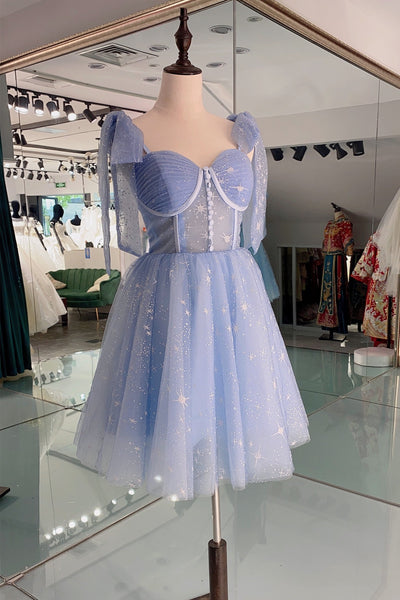 Lovely Midi Prom Dresses, Sky Blue Stars Prom Dresses 2021, Short Homecoming Dresses
