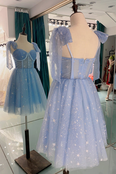 Lovely Midi Prom Dresses, Sky Blue Stars Prom Dresses 2021, Short Homecoming Dresses