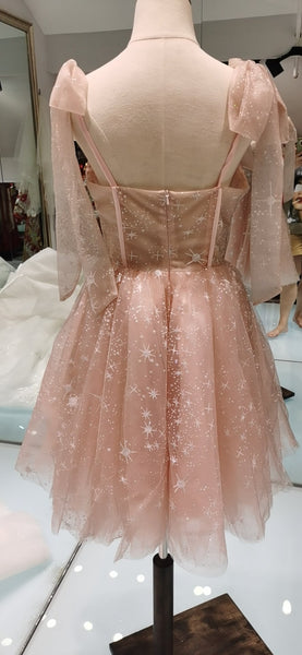 Pink Sequin Popular Short Prom Dresses,Midi Homecoming Dresses, Tulle 2021 Prom Dresses