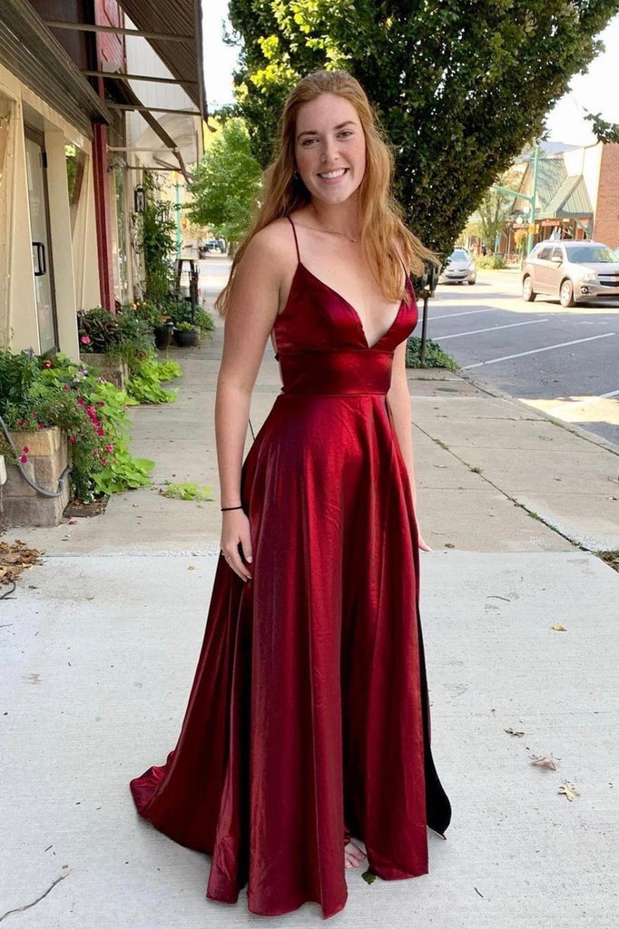 Burgundy Simple Satin Long Prom Dresses, Side Slit Prom Dresses, 2022 ClaireBridal Burgundy Simple Satin Long Prom Dresses, Side Slit Prom Dresses, 2022 ClaireBridal