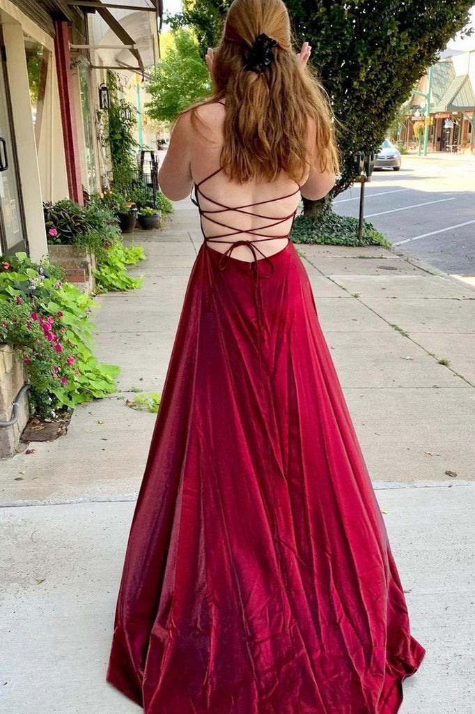 Burgundy Simple Satin Long Prom Dresses, Side Slit Prom Dresses, 2022 ClaireBridal Burgundy Simple Satin Long Prom Dresses, Side Slit Prom Dresses, 2022 ClaireBridal