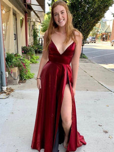 Burgundy Simple Satin Long Prom Dresses, Side Slit Prom Dresses, 2022 Long Prom Dresses, Newest Prom Dress