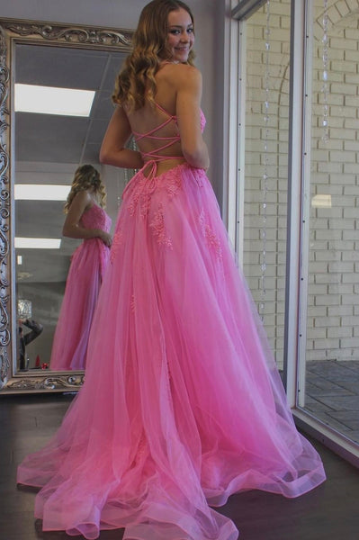 Pink Color Lace Tulle Long 2022 Prom Dresses, School Party Evening Dresses, Newest Long Prom Dresses