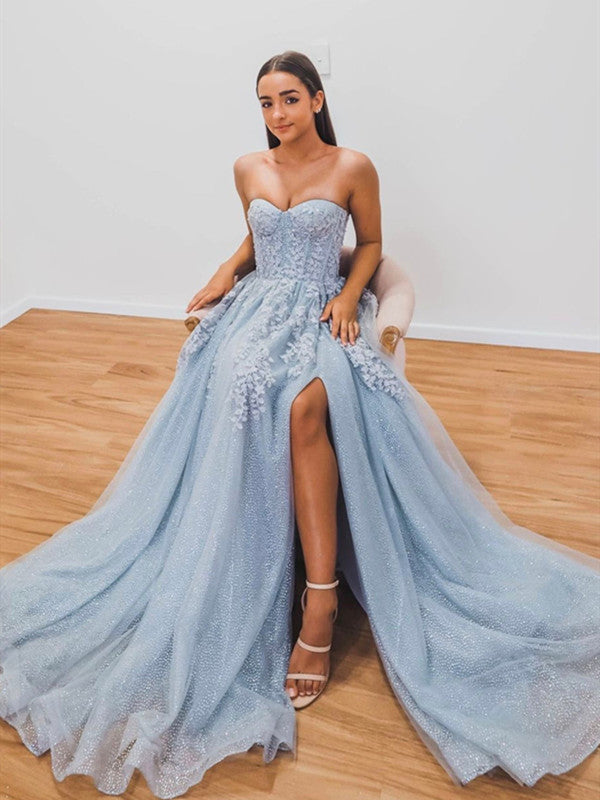 Strapless A-line Lace Long Prom Dresses, Popular 2022 New Prom Dresses, Girl Party Evening Dresses