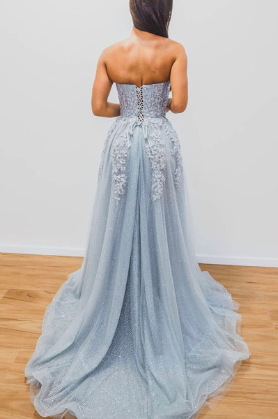 Strapless A-line Lace Long Prom Dresses, Popular 2022 New Prom Dresses, Girl Party Evening Dresses