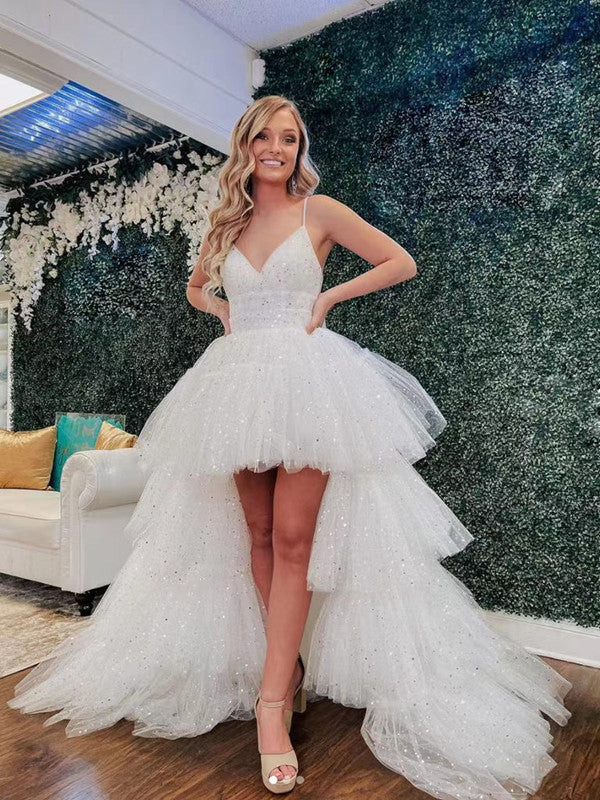 High Low Tulle Prom Dresses, Straps Unique 2022 Prom Dresses, Shiny Long Prom Dresses