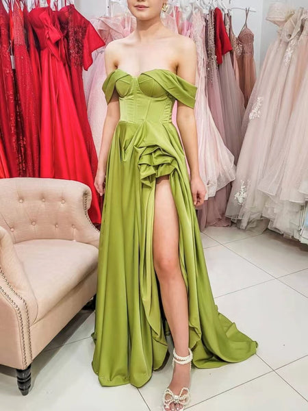 Off The Shoulder Green Prom Dresses, A-line Popular Long Prom Dresses, Newest 2022 Evening Dresses