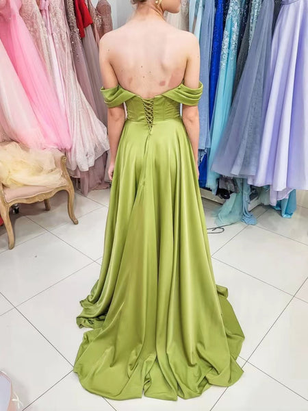 Off The Shoulder Green Prom Dresses, A-line Popular Long Prom Dresses, Newest 2022 Evening Dresses