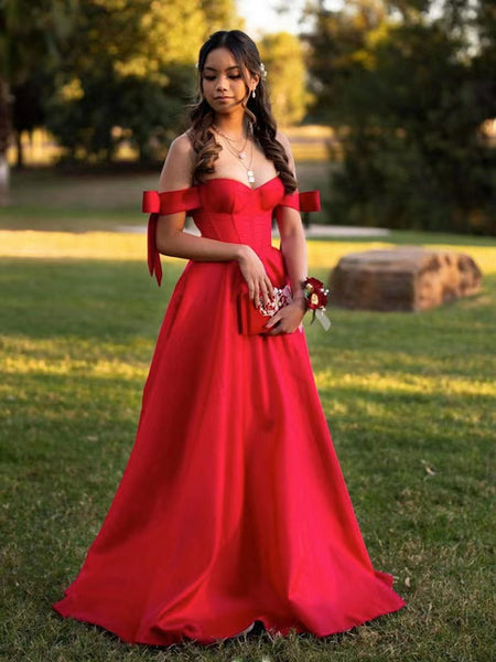 Red Color Off The Shoulder Long Prom Dresses, 2022 A-line Prom Dresses, Satin Girl Party Dresses