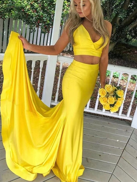 Yellow Color Two Pieces Long Prom Dresses, Simple Evening Party Dresses, 2022 Prom Dresses