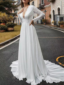 Long Sleeves Lace Wedding Dresses, V-neck Chiffon Bridal Gowns, 2022 Elegant Wedding Dresses