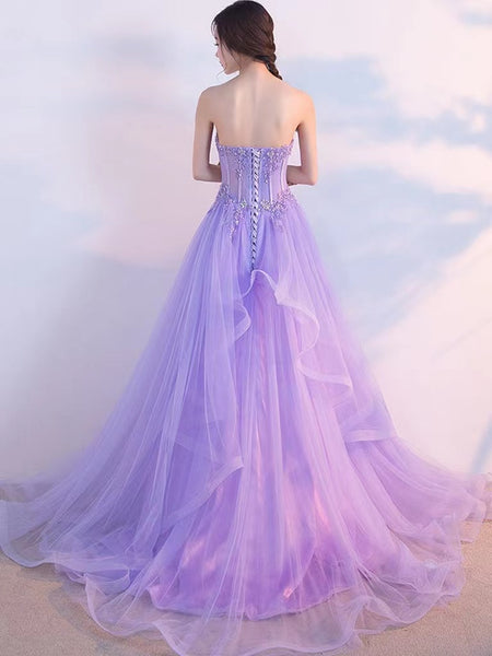 Strapless Light Purple A-line Prom Dresses, Lace Fashion 2022 Long Prom Dresses, Girl Graduation Party Dresses