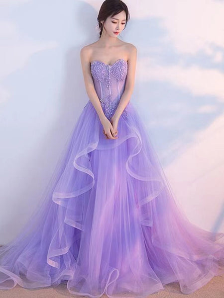Strapless Light Purple A-line Prom Dresses, Lace Fashion 2022 Long Prom Dresses, Girl Graduation Party Dresses