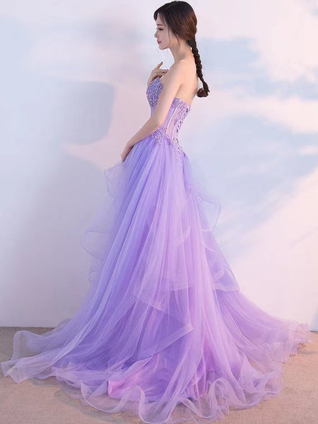 Strapless Light Purple A-line Prom Dresses, Lace Fashion 2022 Long Prom Dresses, Girl Graduation Party Dresses