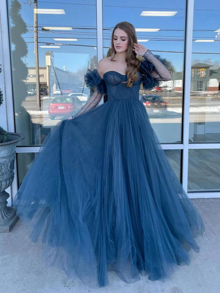 A-line Tulle Fashion Long Prom Dresses, Newest 2022 Prom Dresses, Girl Party Evening Dresses