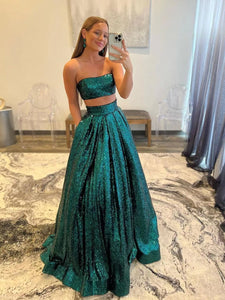 Two Pieces Sequins Long Prom Dresses, A-line Evening Dresses, 2022 Girl Party Prom Dresses