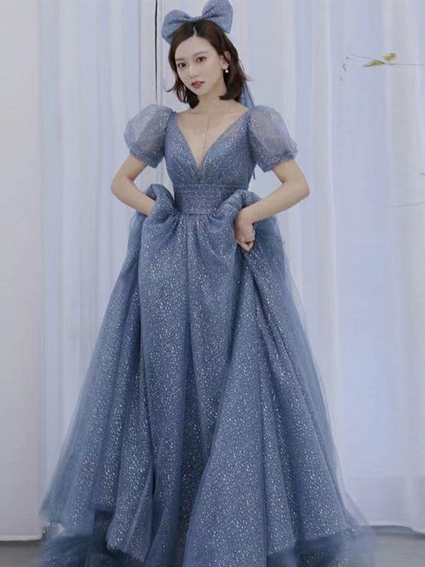 Bubble Sleeves A-line Prom Dresses, Princess Newest Evening Party Dresses, Elegant 2022 Long Prom Dresses