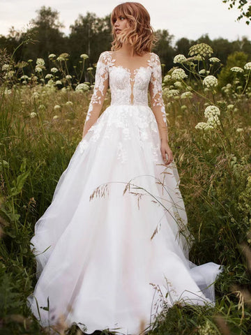 Long Sleeves A-line Wedding Dresses, Elegant Lace Bridal Gowns, Popular 2022 Wedding Dresses