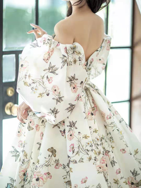 Off Shoulder Bubble Sleeves Floral Prom Dresses, Front Slit Prom Dresses, Popular 2022 Prom Dresses, Long Prom Dresses