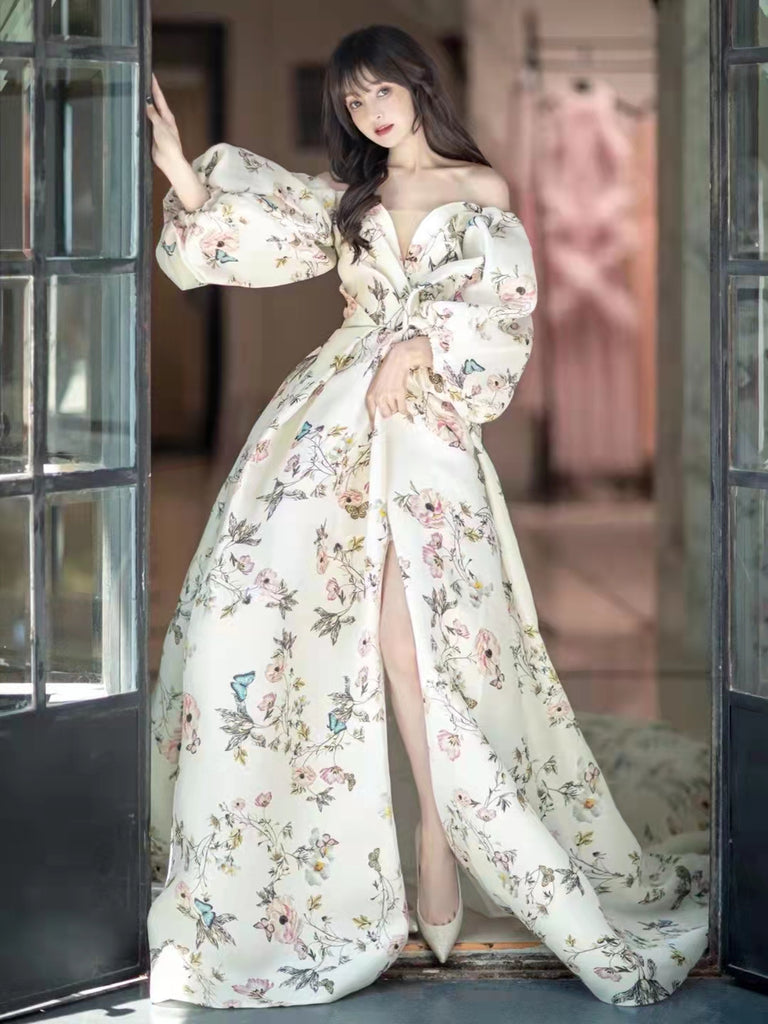 Off Shoulder Bubble Sleeves Floral Prom Dresses, Front Slit Prom Dress ClaireBridal Off Shoulder Bubble Sleeves Floral Prom Dresses, Front Slit Prom Dress ClaireBridal