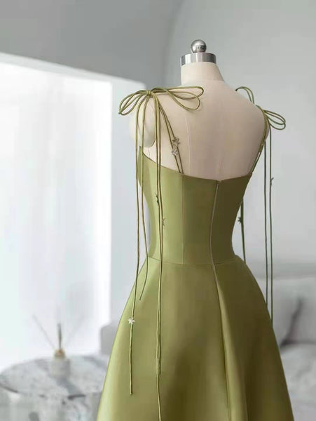 Spaghetti Long A-line Green Satin Prom Dresses, Elegant Prom Dresses, Affordable 2022 Prom Dresses