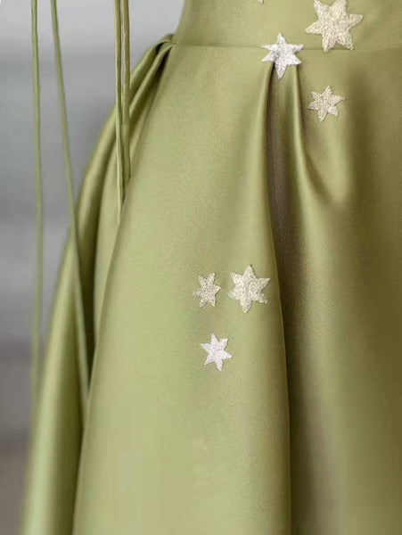 Spaghetti Long A-line Green Satin Prom Dresses, Elegant Prom Dresses, Affordable 2022 Prom Dresses