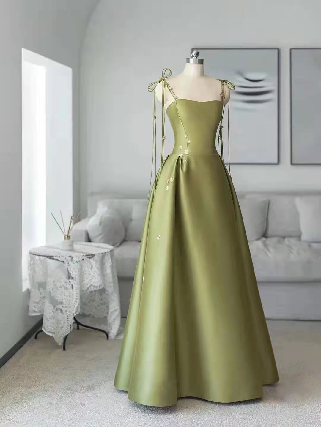 Spaghetti Long A-line Green Satin Prom Dresses, Elegant Prom Dresses, ClaireBridal Spaghetti Long A-line Green Satin Prom Dresses, Elegant Prom Dresses, ClaireBridal