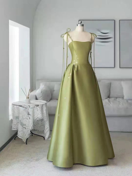 Spaghetti Long A-line Green Satin Prom Dresses, Elegant Prom Dresses, Affordable 2022 Prom Dresses