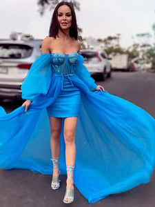 Off Shoulder Blue Tulle Prom Dresses with Bones, Detachable Long Prom Dresses, 2022 Prom Dresses