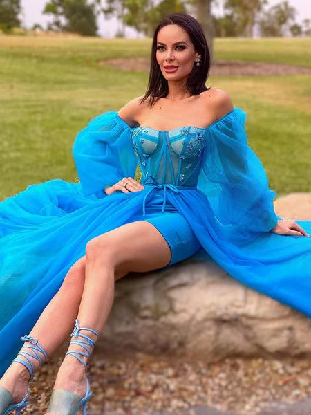 Off Shoulder Blue Tulle Prom Dresses with Bones, Detachable Long Prom Dresses, 2022 Prom Dresses