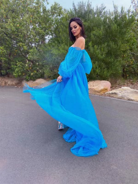 Off Shoulder Blue Tulle Prom Dresses with Bones, Detachable Long Prom Dresses, 2022 Prom Dresses