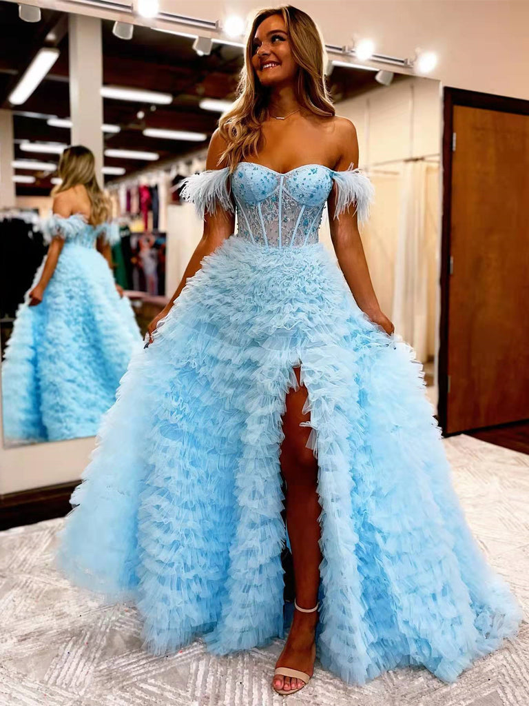 Off Shuolder Long Prom Dresses, Ruffled Tulle Cake Dresses, Sky Blue P – ClaireBridal