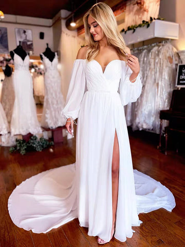 Off Shoulder Ivory Chiffon Simple Wedding Dresses, Long Prom Dresses, Boho Wedding Dresses, 2022 Prom Dresses