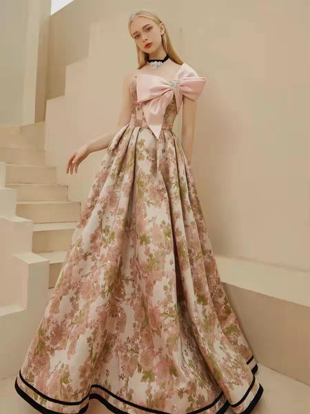 Gorgeous Floral Long Prom Dresses With Pink Bow, 2022 Prom Dresses, Newest Prom Dresses, Affordable Prom Dresses
