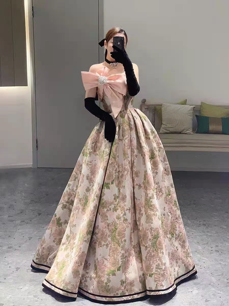 Gorgeous Floral Long Prom Dresses With Pink Bow, 2022 Prom Dresses, Newest Prom Dresses, Affordable Prom Dresses