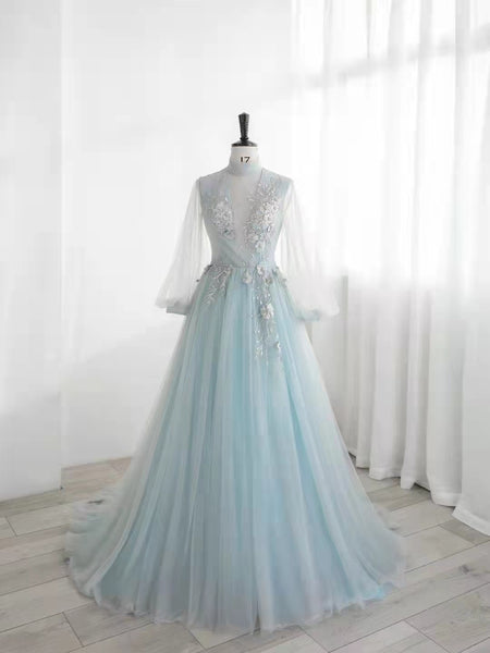 Pale Blue Tulle Appliques Prom Dresses, Elegant Long Prom Dresses, 2022 Prom Dresses, Popular Prom Dresses