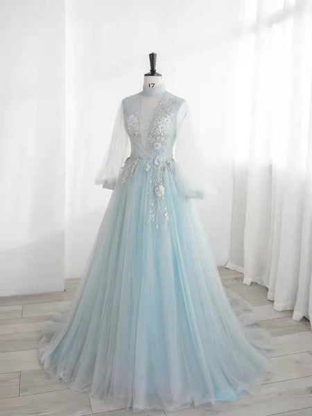Pale Blue Tulle Appliques Prom Dresses, Elegant Long Prom Dresses, 2022 Prom Dresses, Popular Prom Dresses