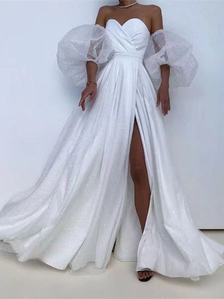 Sweetheart Long A-line Shiny Wedding Dresses, High Slit Wedding Dresses With Detachable Sleeves, Popular 2022 Prom Dresses