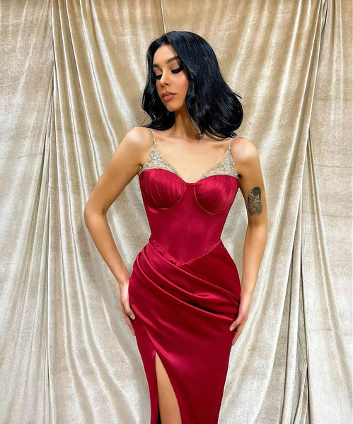 Spaghetti Long Sheath Beaded Satin Prom Dresses, High Slit Prom Dresses, 2022 Prom Dresses, Long Prom Dresses, Newest Prom Dresses