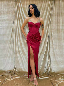 Spaghetti Long Sheath Beaded Satin Prom Dresses, High Slit Prom Dresses, 2022 Prom Dresses, Long Prom Dresses, Newest Prom Dresses