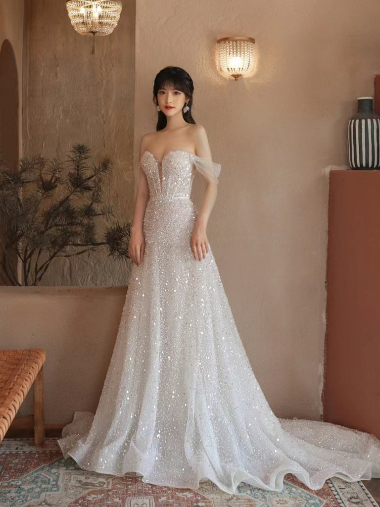 Off Shoulder Ivory Sequin Tulle Wedding Dresses, A-line Wedding Dresse ClaireBridal Off Shoulder Ivory Sequin Tulle Wedding Dresses, A-line Wedding Dresse ClaireBridal