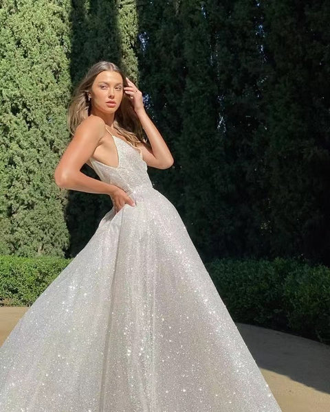 Spaghetti Long A-line Shiny Sequin Tulle Wedding Dresses, Luxury Prom Dresses, Newest Bridal Gown, 2022 Prom Dresses