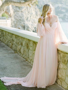 Off Shoulder Blush Pink Chiffon Long Wedding Dresses, Simple Wedding Dresses, A-line Wedding Dresses, 2022 Wedding Dresses