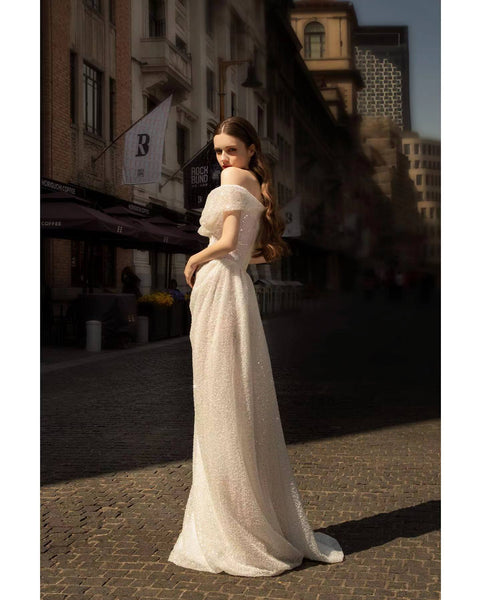 Off Shoulder Long Sheath Shiny Wedding Dresses, Elegant Wedding Dresses, Bridal Gown, 2022 Wedding Dresses
