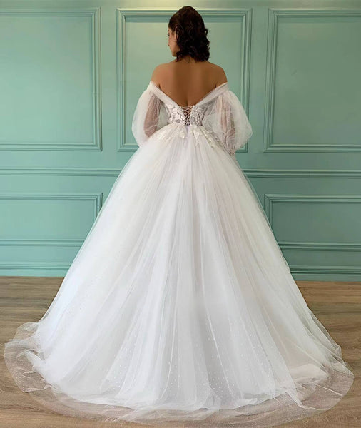 Off Shoulder Long Tulle Lace Wedding Dresses, Ball Gown Wedding Dresses, 2022 Wedding Dresses, Bridal Gown