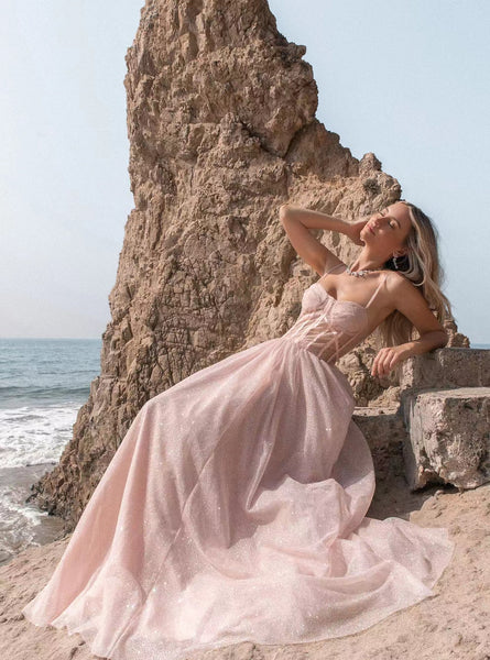 Blush Pink Shiny Sequin Tulle Wedding Dresses, A-line Wedding Dresses With Bones, Bridal Gown, 2022 Wedding Dresses