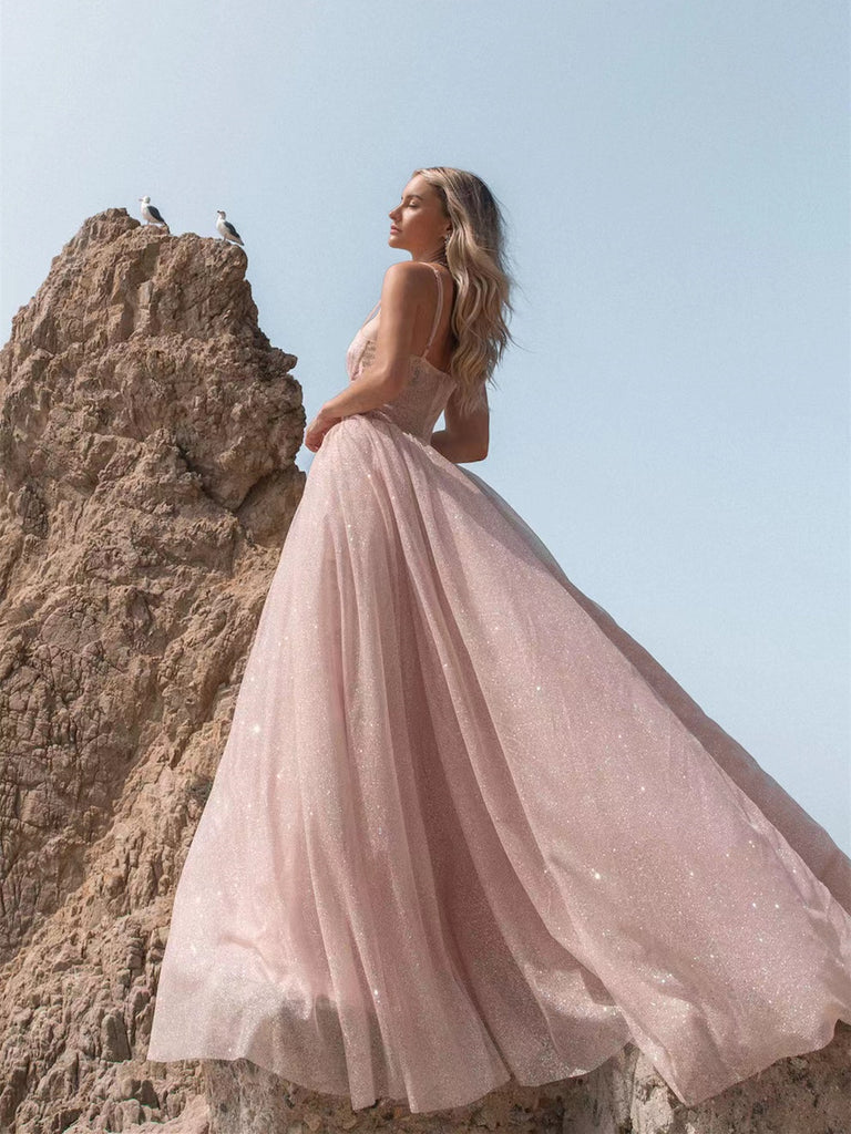 Blush Pink Shiny Sequin Tulle Wedding Dresses, A-line Wedding Dresses ClaireBridal Blush Pink Shiny Sequin Tulle Wedding Dresses, A-line Wedding Dresses ClaireBridal