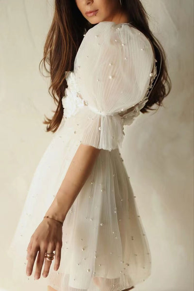Deep V-neck Ivory Appliques Pearl Wedding Dresses, Short Bridal Gown, Chic Wedding Dresses, Newest 2022 Wedding Dresses