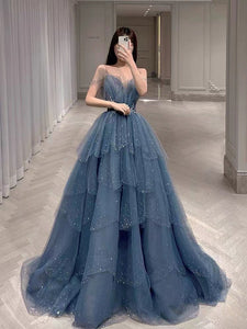 Dusty Blue Fluffy Ruffled Beaded Prom Dresses, Princess Prom Dresses, ClaireBridal Dusty Blue Fluffy Ruffled Beaded Prom Dresses, Princess Prom Dresses, ClaireBridal